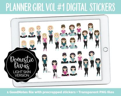 Planner Girls Vol #1 Domestic Divas Digital Stickers | Light Skin | GoodNotes, iPad and Android | Chores, Tasks, Clean