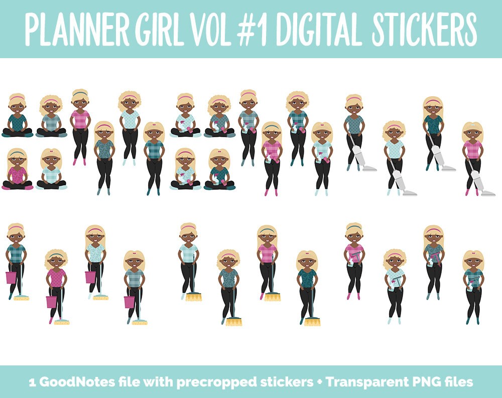 Planner Girls Vol #1 Domestic Divas Digital Stickers | Dark Skin | GoodNotes, iPad and Android | Chores, Tasks, Clean