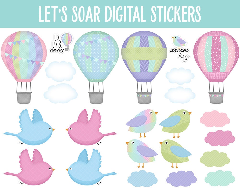 Let's Soar Digital Stickers | GoodNotes & iPad | Hot Air Balloons, Clouds, Birds, Inspirational