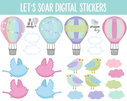 Let's Soar Digital Stickers | GoodNotes & iPad | Hot Air Balloons, Clouds, Birds, Inspirational