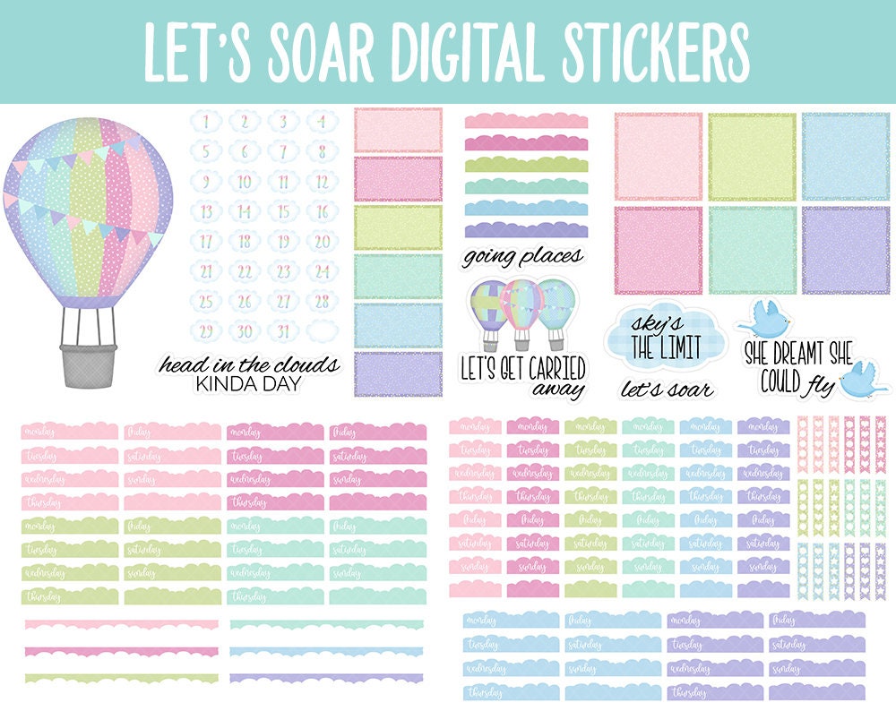 Let's Soar Digital Stickers | GoodNotes & iPad | Hot Air Balloons, Clouds, Birds, Inspirational