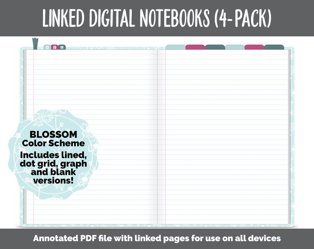 Linked Digital Notebooks 4- Pack | Blossom Theme | GoodNotes, iPad & Android