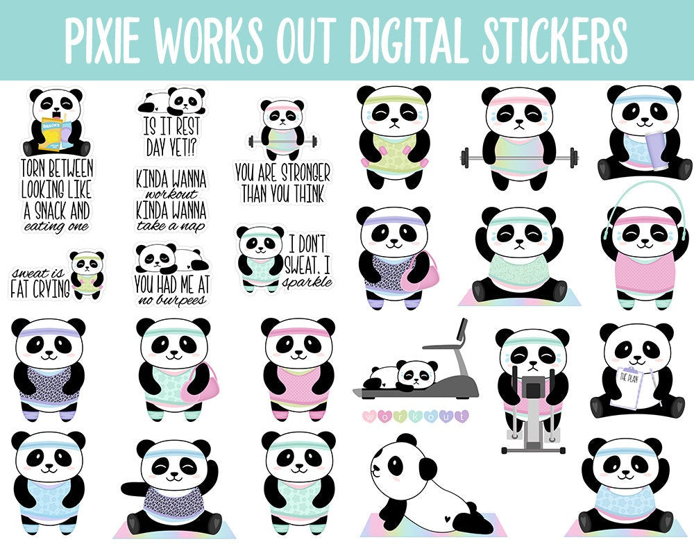 Pixie Works Out Digital Stickers | GoodNotes & iPad | Workout, Fitness, Healthy, Diet, Trackers, Panda, Exercise