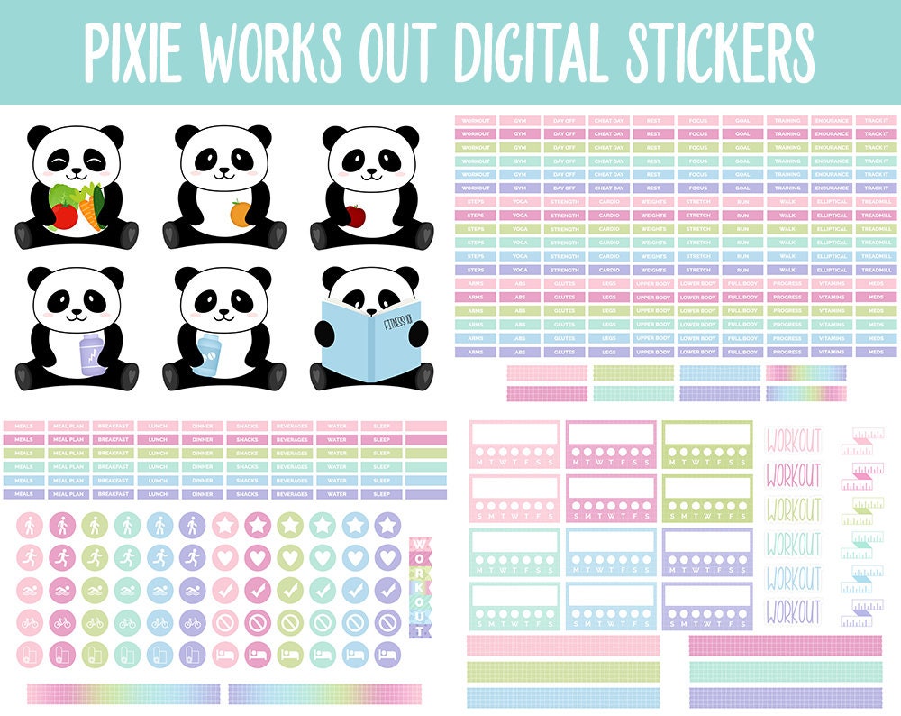 Pixie Works Out Digital Stickers | GoodNotes & iPad | Workout, Fitness, Healthy, Diet, Trackers, Panda, Exercise