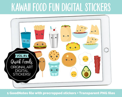 Kawaii Food Fun Vol #1 Quick Foods Digital Stickers | GoodNotes, iPad and Android | Junk Food, Fruit, Chips Salsa, Cute