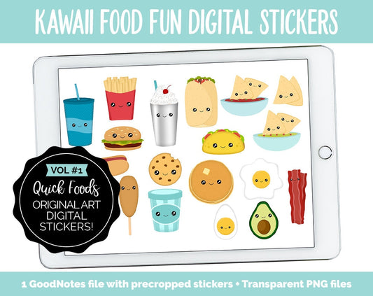 Kawaii Food Fun Vol #1 Quick Foods Digital Stickers | GoodNotes, iPad and Android | Junk Food, Fruit, Chips Salsa, Cute