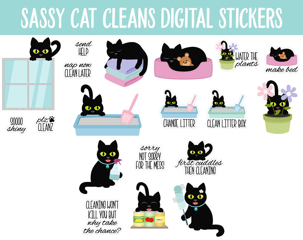 Sassy Cat Cleans Digital Stickers | GoodNotes, iPad and Android | Household, Chores, Funny, Feline, Adulting