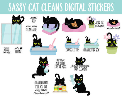 Sassy Cat Cleans Digital Stickers | GoodNotes, iPad and Android | Household, Chores, Funny, Feline, Adulting