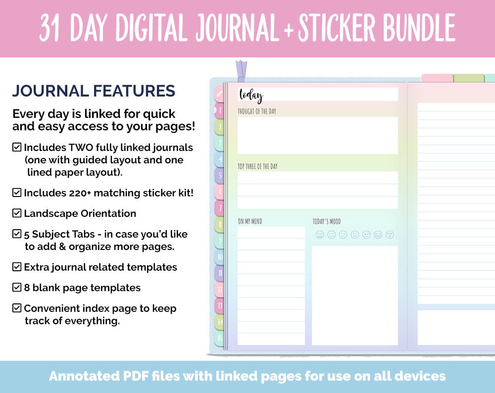 31 Day Digital Journal + Sticker Bundle | Whimsical Theme