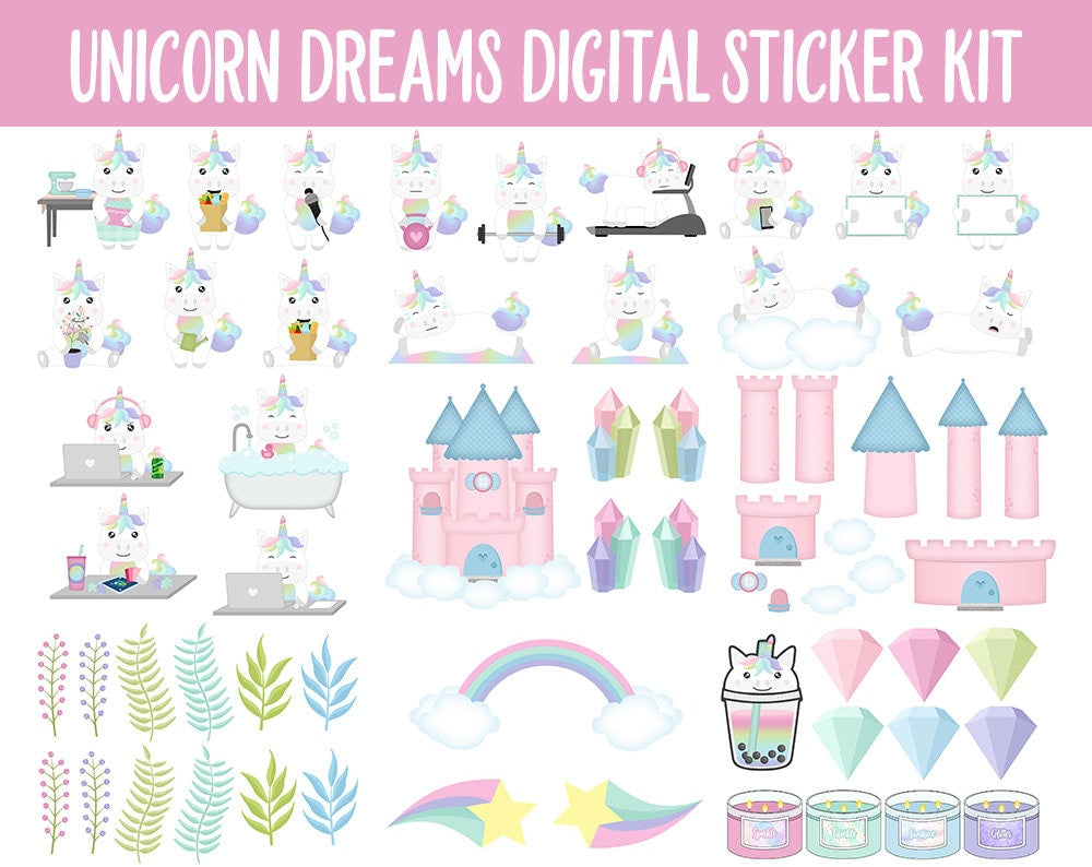 Unicorn Dreams Digital Sticker Mega Bundle | GoodNotes & iPad | Fantasy, May, Castle, Kawaii, Adulting, Moods, Tasks