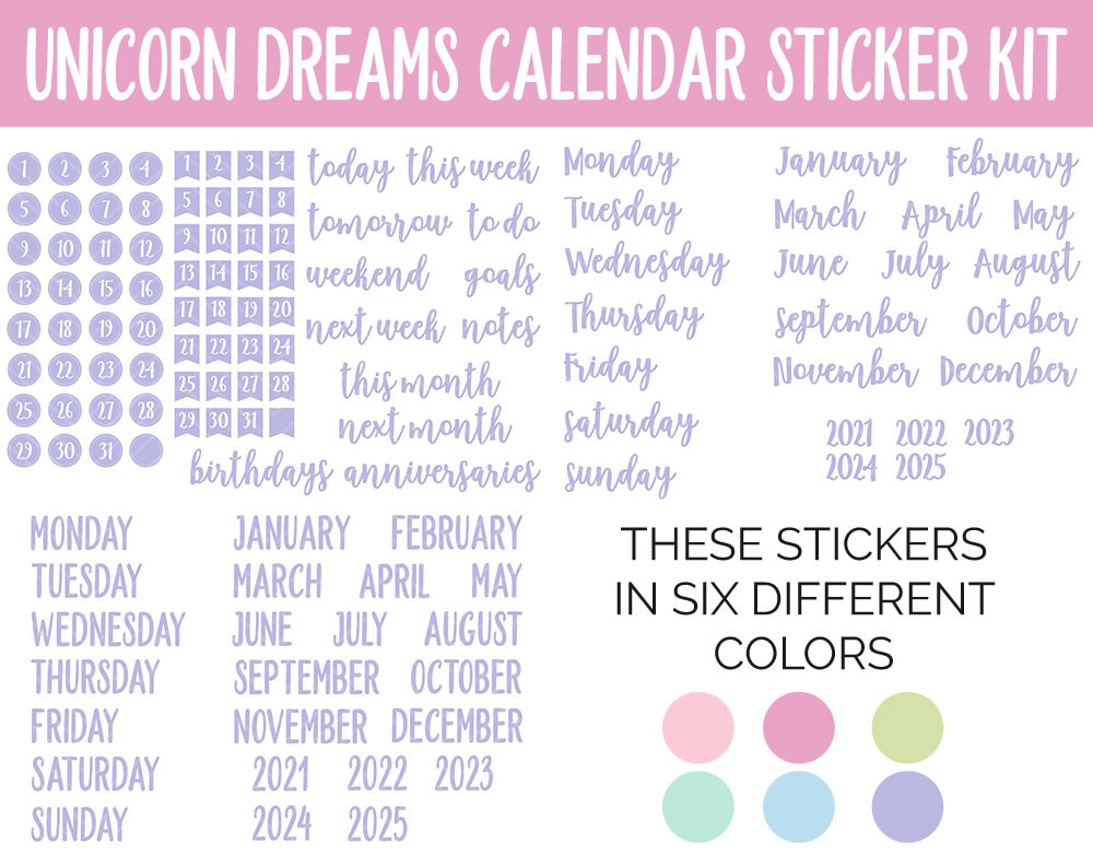 Unicorn Dreams Calendar Essentials Digital Planner Stickers | GoodNotes, iPad and Android | Dates, Days of the Week, Months