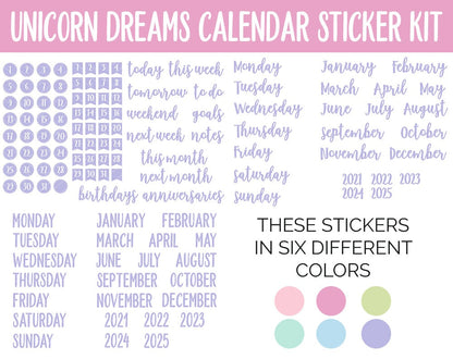 Unicorn Dreams Calendar Essentials Digital Planner Stickers | GoodNotes, iPad and Android | Dates, Days of the Week, Months