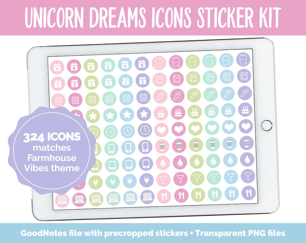 Unicorn Dreams Icon Digital Planner Stickers | GoodNotes, iPad and Android | Icons, Life, Weather, Everyday
