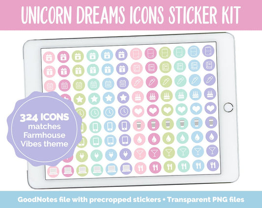 Unicorn Dreams Icon Digital Planner Stickers | GoodNotes, iPad and Android | Icons, Life, Weather, Everyday