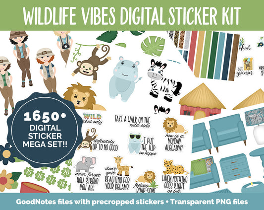 Wildlife Vibes Digital Sticker Mega Bundle | GoodNotes & iPad | Safari, Jungle, Animals, June, Floral, Planner Girls, Adulting, Moods, Tasks
