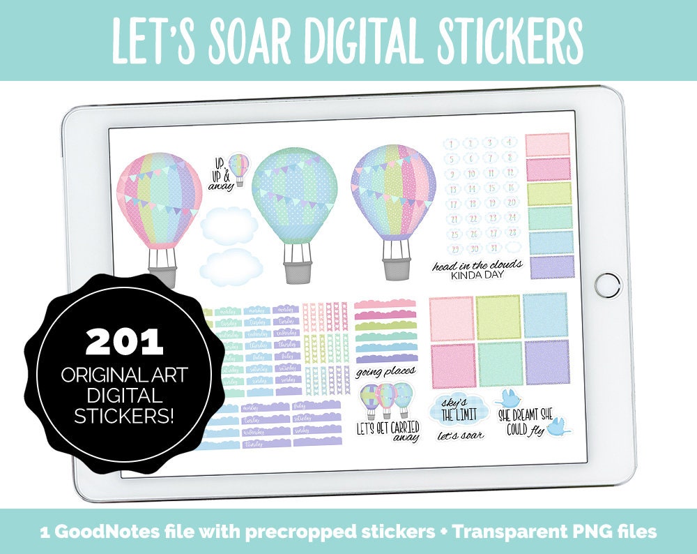 Let's Soar Digital Stickers | GoodNotes & iPad | Hot Air Balloons, Clouds, Birds, Inspirational