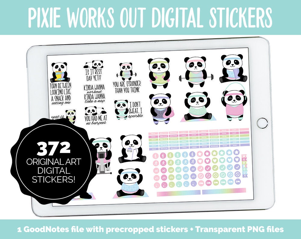 Pixie Works Out Digital Stickers | GoodNotes & iPad | Workout, Fitness, Healthy, Diet, Trackers, Panda, Exercise