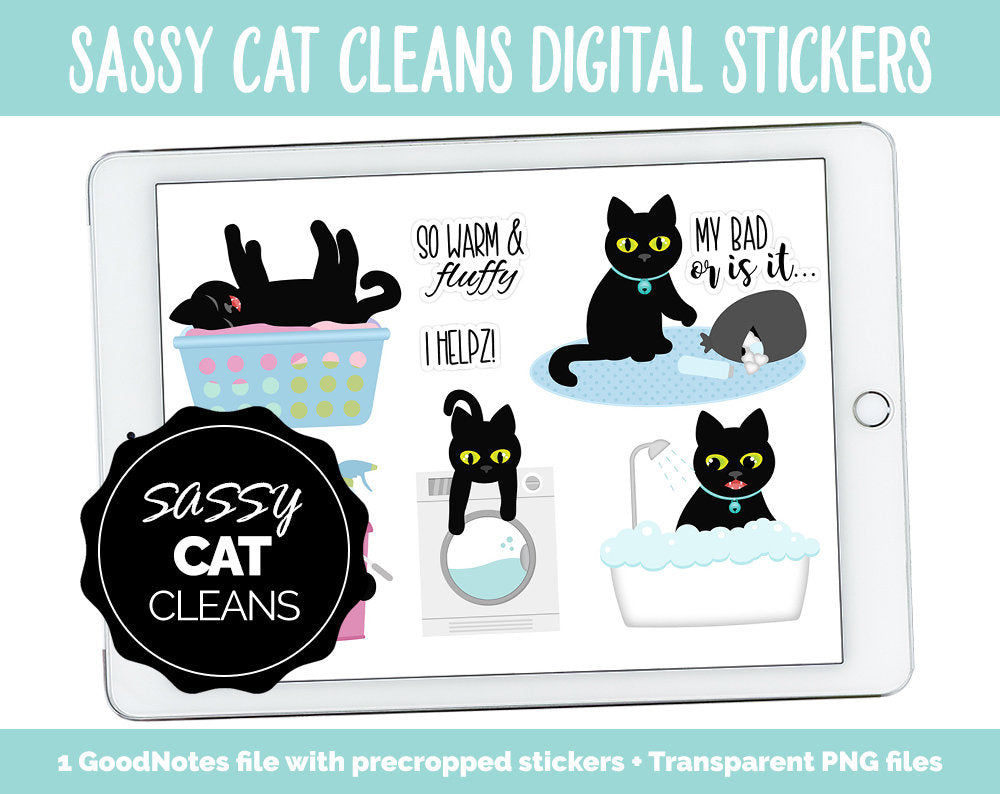 Sassy Cat Cleans Digital Stickers | GoodNotes, iPad and Android | Household, Chores, Funny, Feline, Adulting