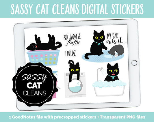 Sassy Cat Cleans Digital Stickers | GoodNotes, iPad and Android | Household, Chores, Funny, Feline, Adulting