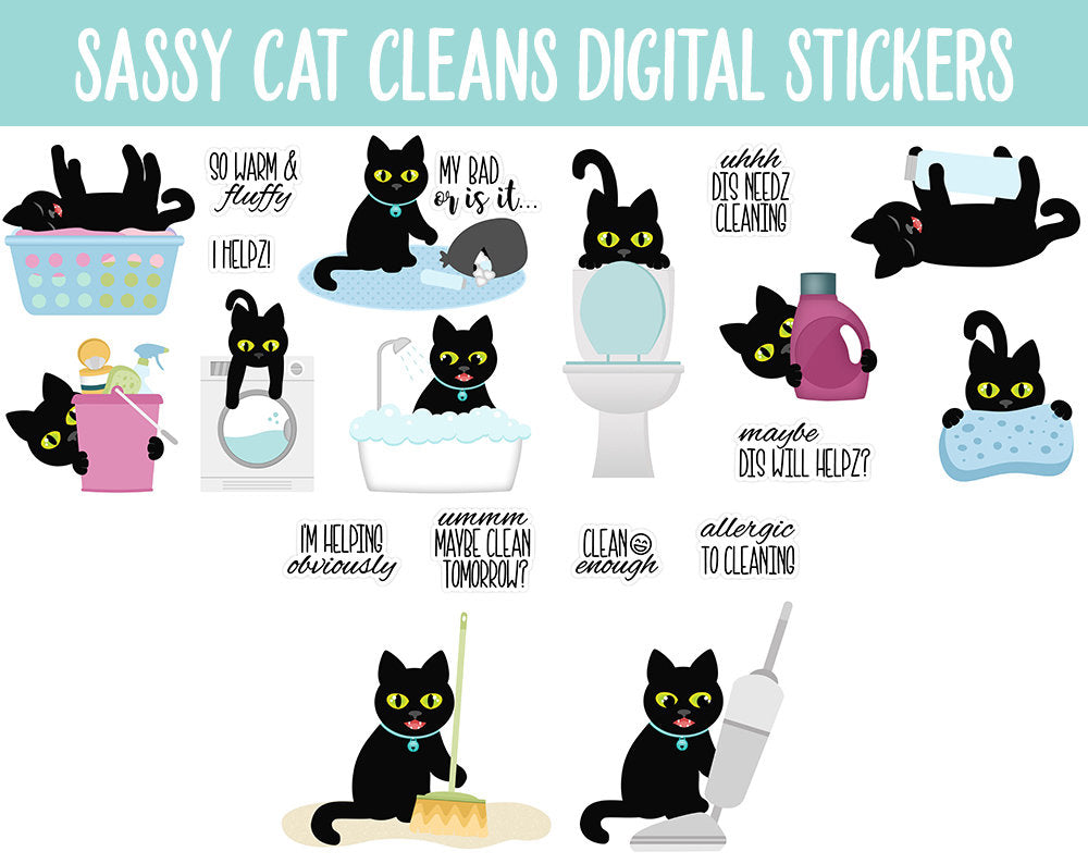 Sassy Cat Cleans Digital Stickers | GoodNotes, iPad and Android | Household, Chores, Funny, Feline, Adulting