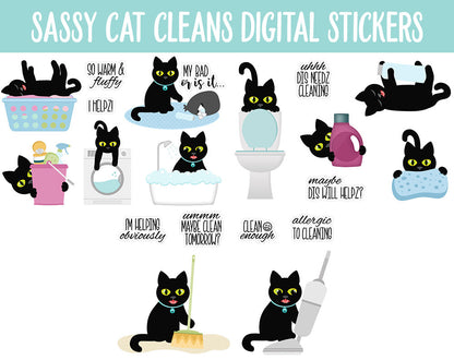 Sassy Cat Cleans Digital Stickers | GoodNotes, iPad and Android | Household, Chores, Funny, Feline, Adulting