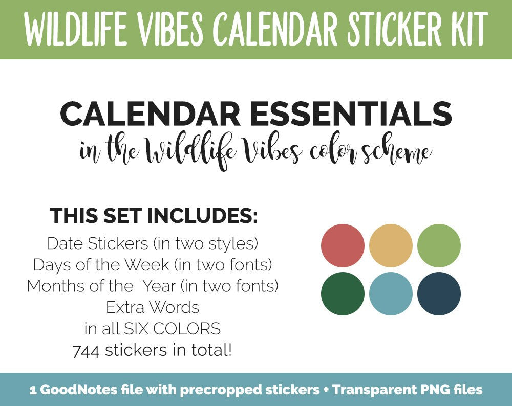 Wildlife Vibes Calendar Essentials Digital Planner Stickers | GoodNotes, iPad and Android | Dates, Days of the Week, Months