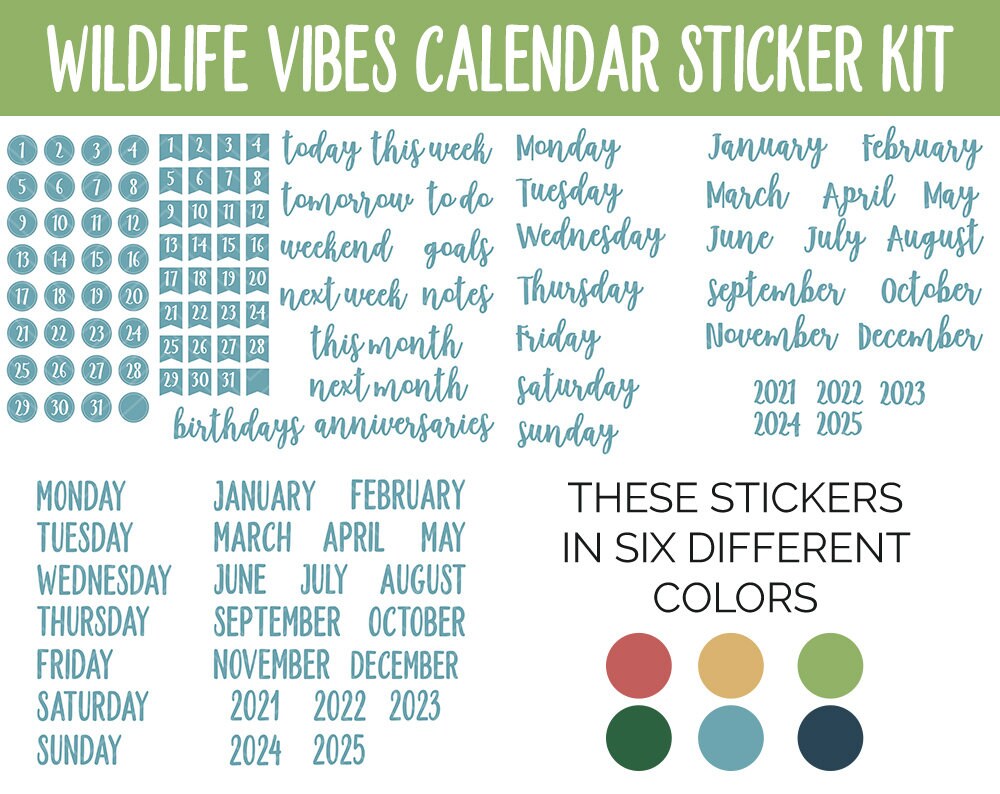 Wildlife Vibes Calendar Essentials Digital Planner Stickers | GoodNotes, iPad and Android | Dates, Days of the Week, Months