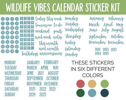 Wildlife Vibes Calendar Essentials Digital Planner Stickers | GoodNotes, iPad and Android | Dates, Days of the Week, Months