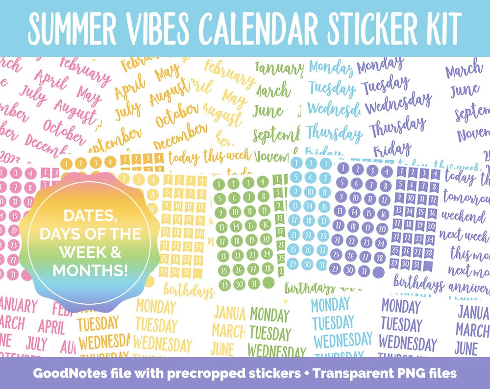 Summer Vibes Calendar Essentials Digital Planner Stickers | GoodNotes, iPad and Android | Dates, Days of the Week, Months
