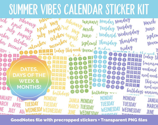 Summer Vibes Calendar Essentials Digital Planner Stickers | GoodNotes, iPad and Android | Dates, Days of the Week, Months