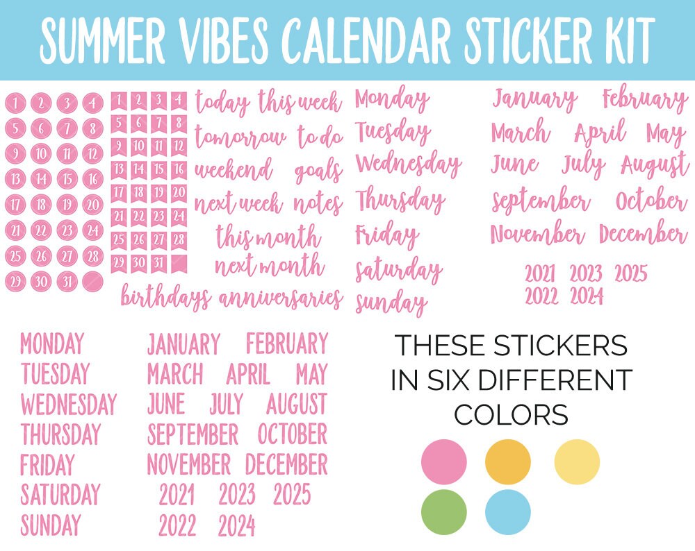 Summer Vibes Calendar Essentials Digital Planner Stickers | GoodNotes, iPad and Android | Dates, Days of the Week, Months