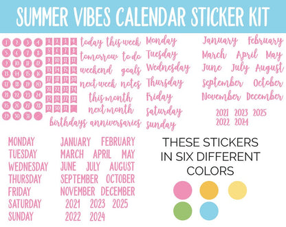 Summer Vibes Calendar Essentials Digital Planner Stickers | GoodNotes, iPad and Android | Dates, Days of the Week, Months