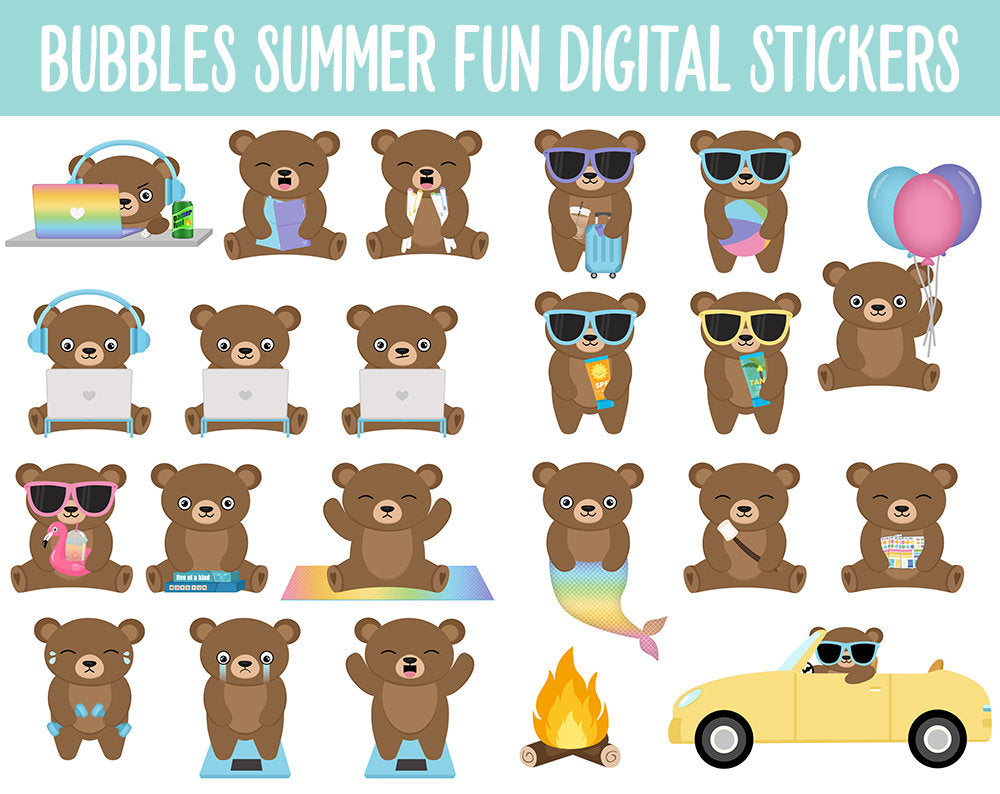 Bubbles Summer Fun Digital Planner Stickers | GoodNotes, iPad and Android | Bear, Pool, Beach, Outdoors, Planning