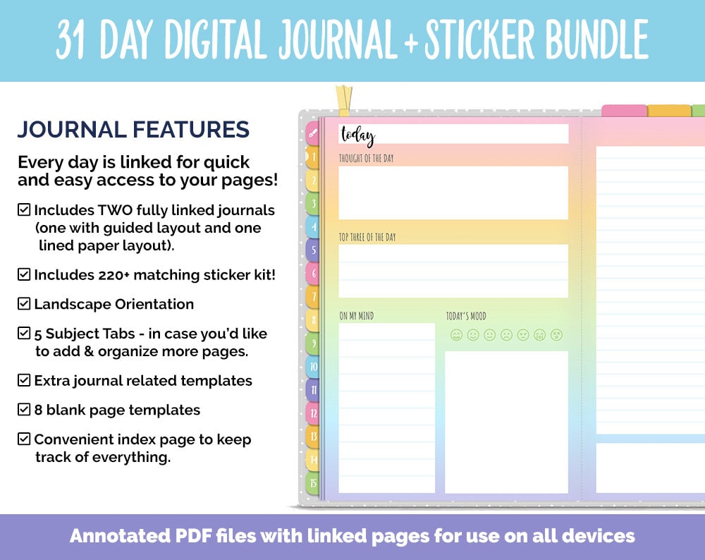 31 Day Digital Journal + Sticker Bundle | Sunbeam Theme