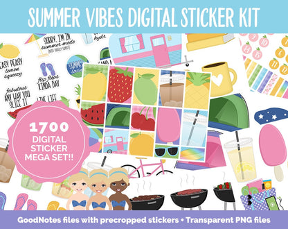 Summer Vibes Digital Sticker Mega Bundle | GoodNotes & iPad | July, Camping, Beach, Outdoors, Planner Girls, Adulting, Moods, Tasks