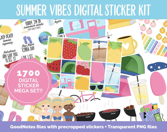 Summer Vibes Digital Sticker Mega Bundle | GoodNotes & iPad | July, Camping, Beach, Outdoors, Planner Girls, Adulting, Moods, Tasks