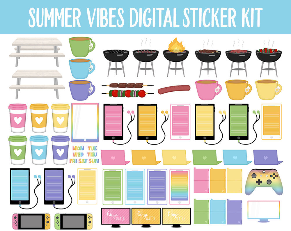 Summer Vibes Digital Sticker Mega Bundle | GoodNotes & iPad | July, Camping, Beach, Outdoors, Planner Girls, Adulting, Moods, Tasks