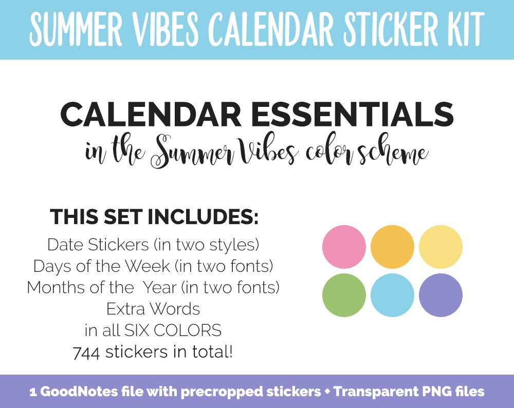 Summer Vibes Calendar Essentials Digital Planner Stickers | GoodNotes, iPad and Android | Dates, Days of the Week, Months