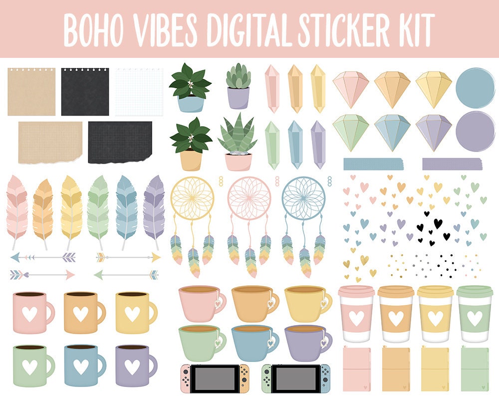 Boho Vibes Digital Sticker Mega Bundle | GoodNotes & iPad | August, Retro, Dreamcatcher, Feather, Papers, Crystals, Adulting, Tasks