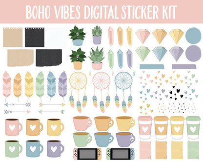 Boho Vibes Digital Sticker Mega Bundle | GoodNotes & iPad | August, Retro, Dreamcatcher, Feather, Papers, Crystals, Adulting, Tasks