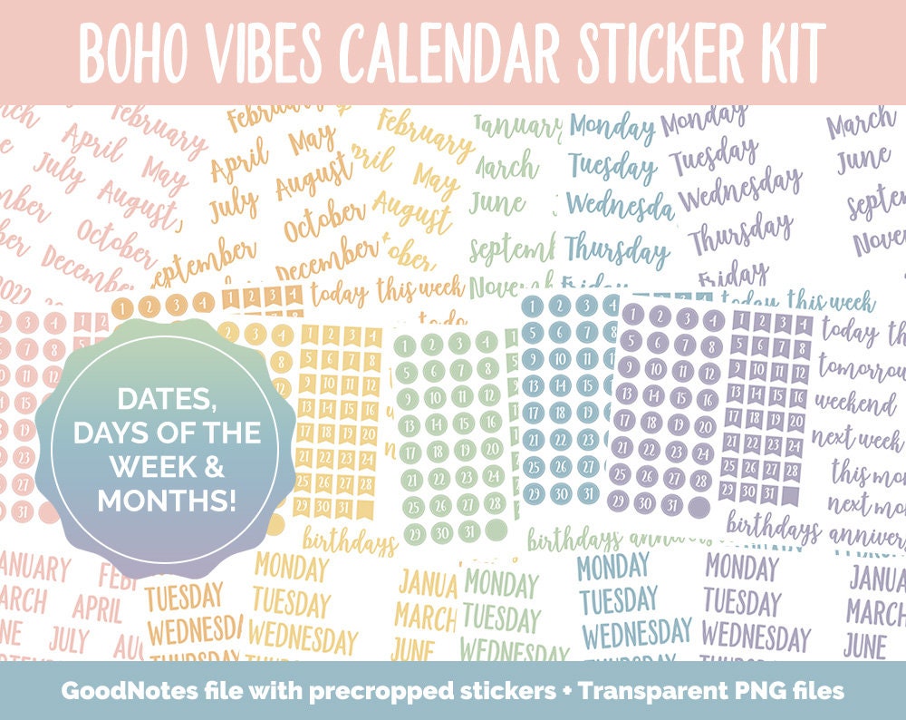 Boho Vibes Calendar Essentials Digital Planner Stickers | GoodNotes, iPad and Android | Dates, Days of the Week, Months