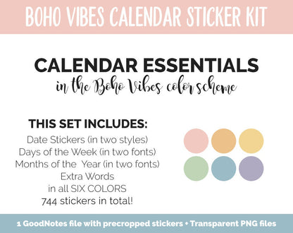 Boho Vibes Calendar Essentials Digital Planner Stickers | GoodNotes, iPad and Android | Dates, Days of the Week, Months