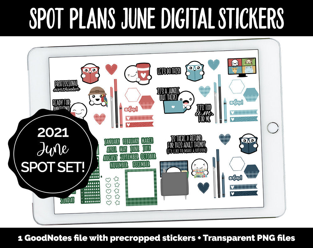 Spot Plans June Digital Stickers | GoodNotes, iPad and Android | Safari, Animals, Rainbow, Sassy, Adulting, Planning