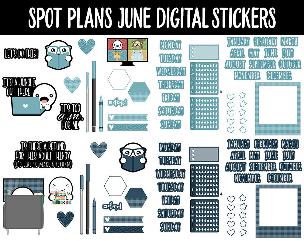 Spot Plans June Digital Stickers | GoodNotes, iPad and Android | Safari, Animals, Rainbow, Sassy, Adulting, Planning