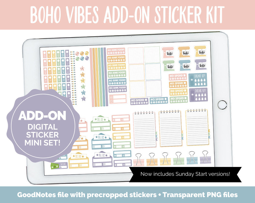 Boho Vibes Add-On Digital Stickers | GoodNotes & iPad | Trackers, Budget, Fitness, Health, Habits