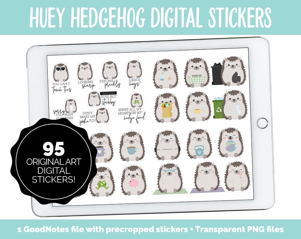Huey the Hedgehog Digital Planner Stickers | GoodNotes, iPad and Android | Kawaii, Cleaning, Work, Tasks, Activities, Planning