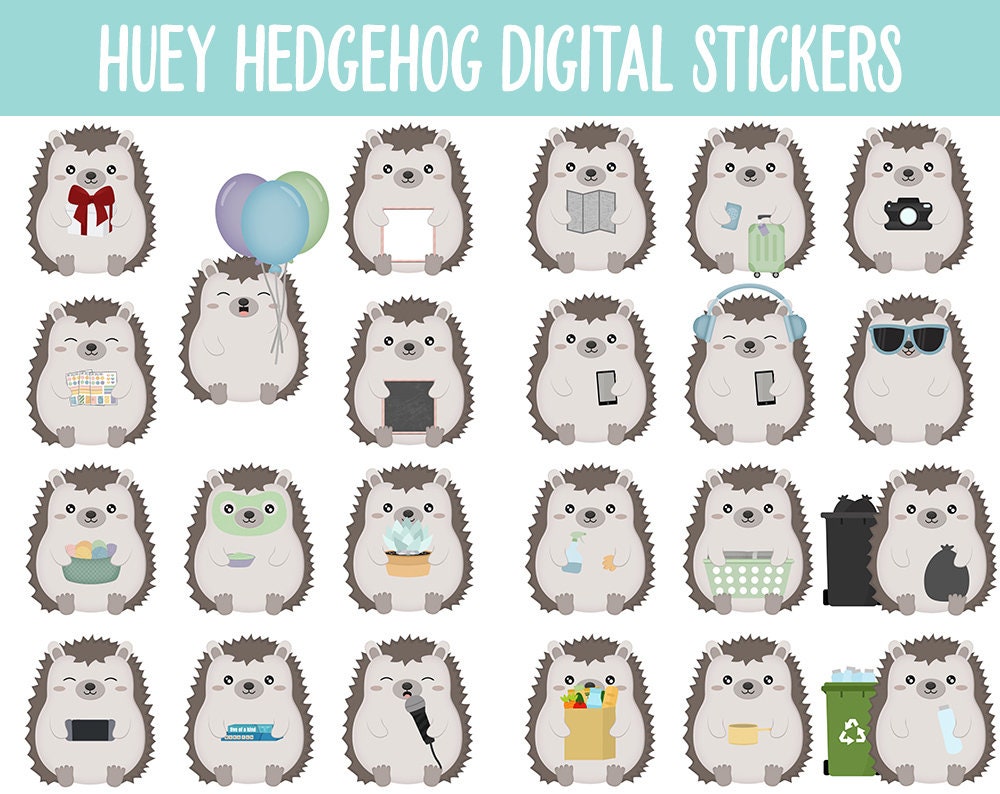 Huey the Hedgehog Digital Planner Stickers | GoodNotes, iPad and Android | Kawaii, Cleaning, Work, Tasks, Activities, Planning