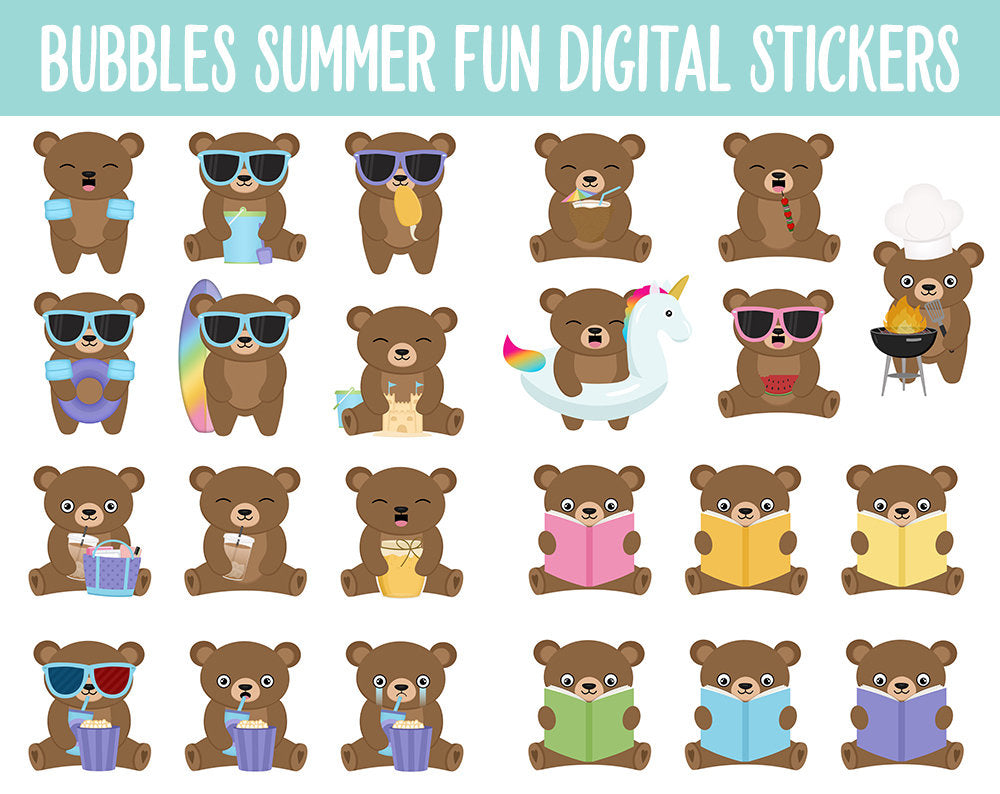 Bubbles Summer Fun Digital Planner Stickers | GoodNotes, iPad and Android | Bear, Pool, Beach, Outdoors, Planning
