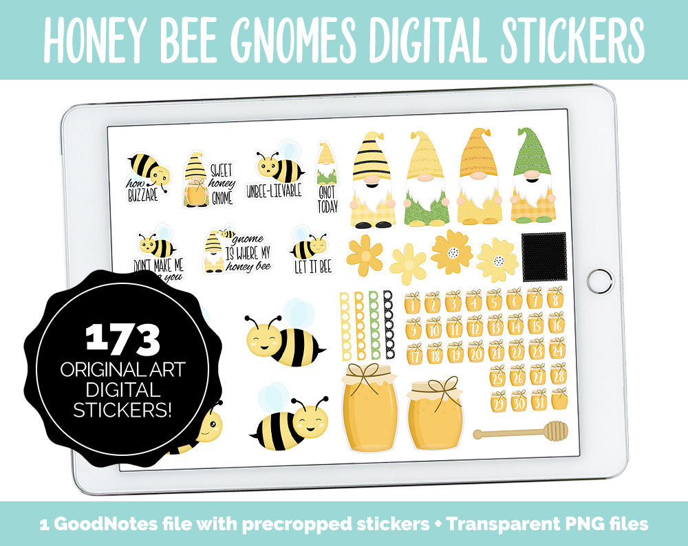 Honey Bee Gnomes Digital Planner Stickers | GoodNotes, iPad and Android | Honeycomb, Wildflowers, Gnome
