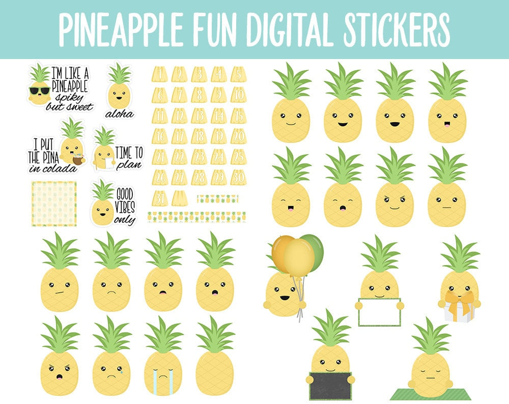 Pineapple Fun Digital Planner Stickers | GoodNotes, iPad and Android | Kawaii, Fruit, Tasks, Activities, Planning
